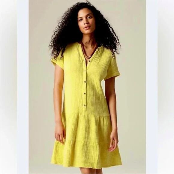 J. Jill Women's Gauzey Cotton Yellow Tiered Flowy Button Down Dress Size Medium - Picture 1 of 5
